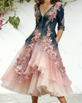 Women's Elegant Gradient Floral Embroidered Denim Dress 5974