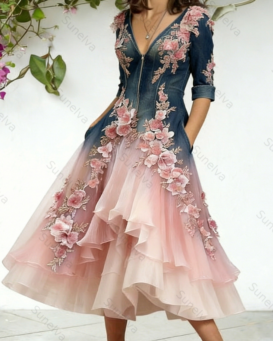 Women's Elegant Gradient Floral Embroidered Denim Dress 5974