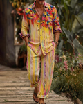Men's Fashion Color-Blocked Print Long-Sleeve Shirt and Pants Two-Piece Set 5788