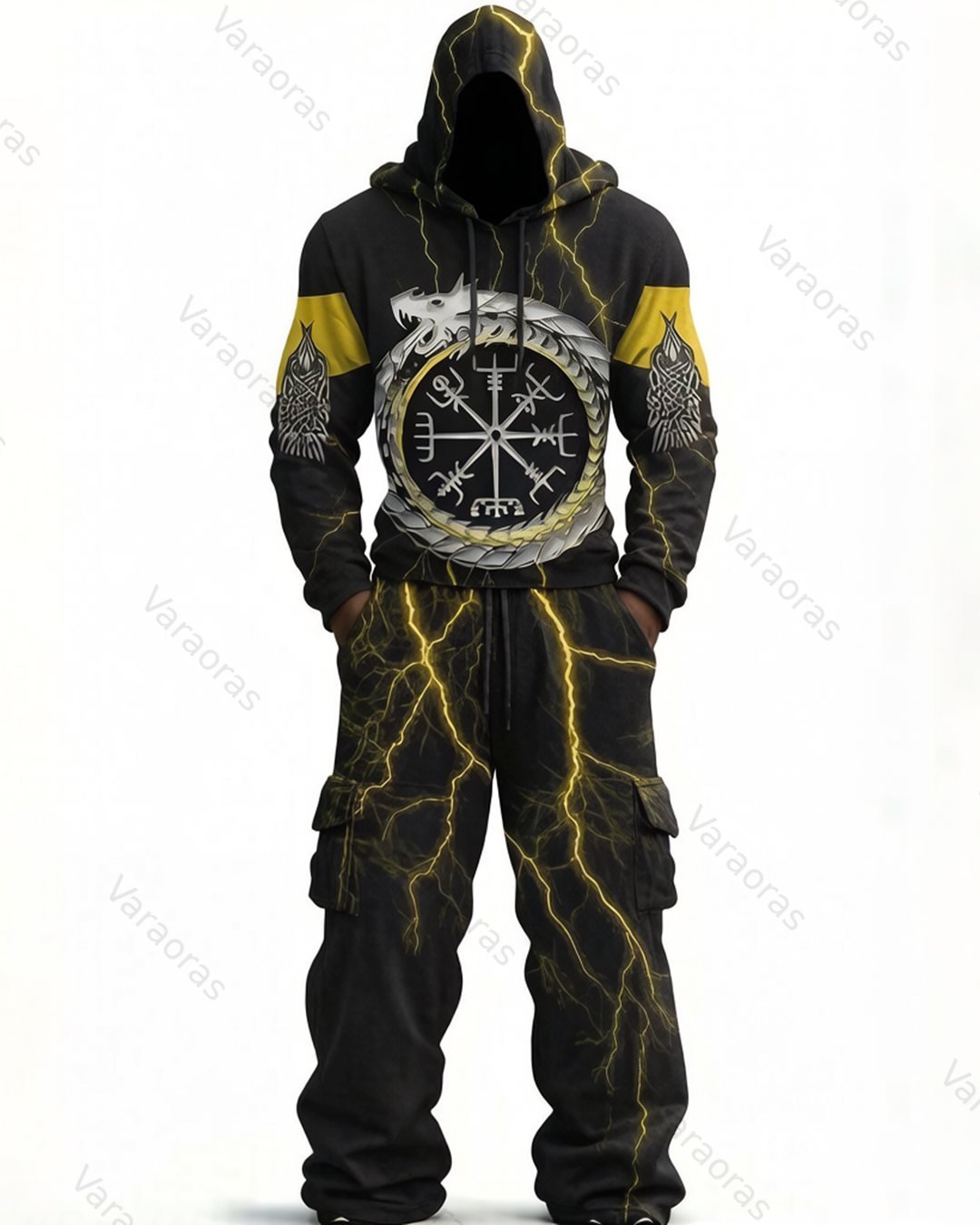 Men's Fashion Viking Contrast Color Embroidered Hoodie & Pants Two-Piece Set 1572