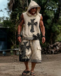 Men's Viking Color-Block Embroidered Sleeveless Hooded Top and Shorts Set 1889