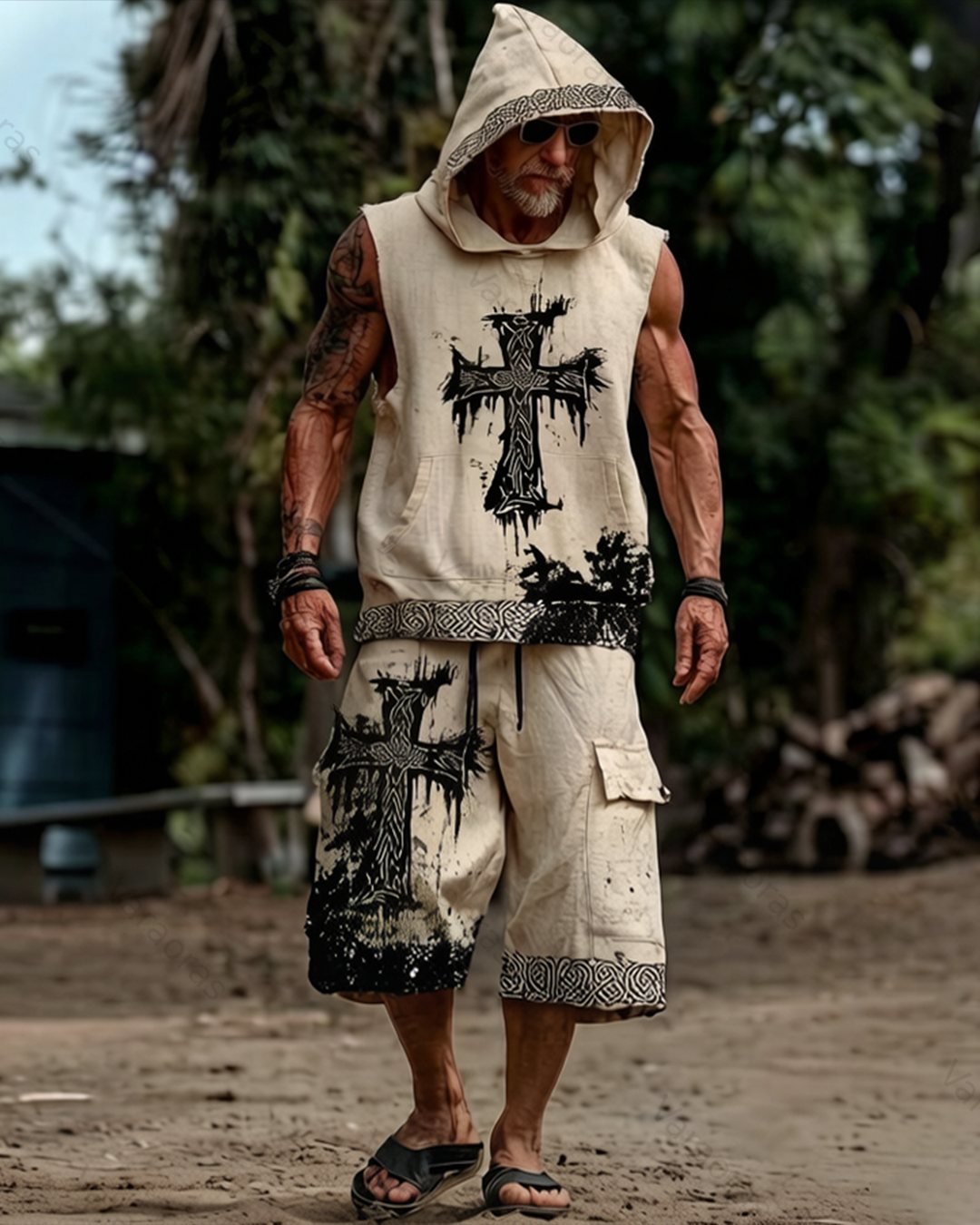 Men's Viking Color-Block Embroidered Sleeveless Hooded Top and Shorts Set 1889