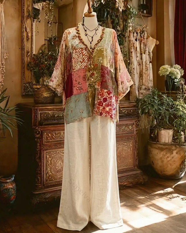 Women's Spring Retro Floral Embroidered Shirt & Pants Two-Piece Set  8630