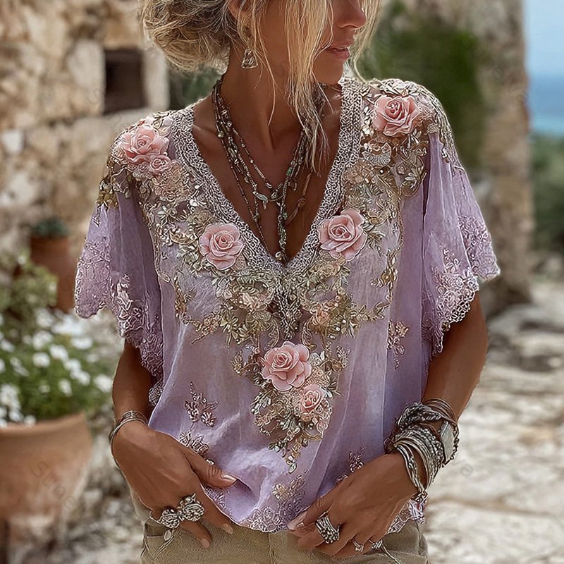 Women's Pink Roses Embroidered Art V-neck Short Sleeve Linen Blend T-shirt 4f5a
