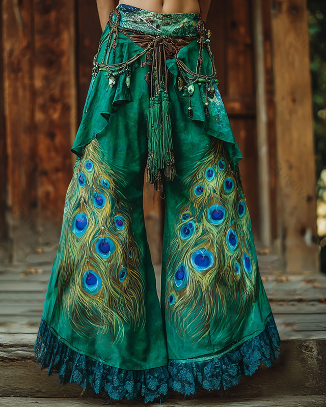 Women's Spring Outdoor Comfortable and Stylish Peacock Feather Print Cotton Linen Trousers 6564