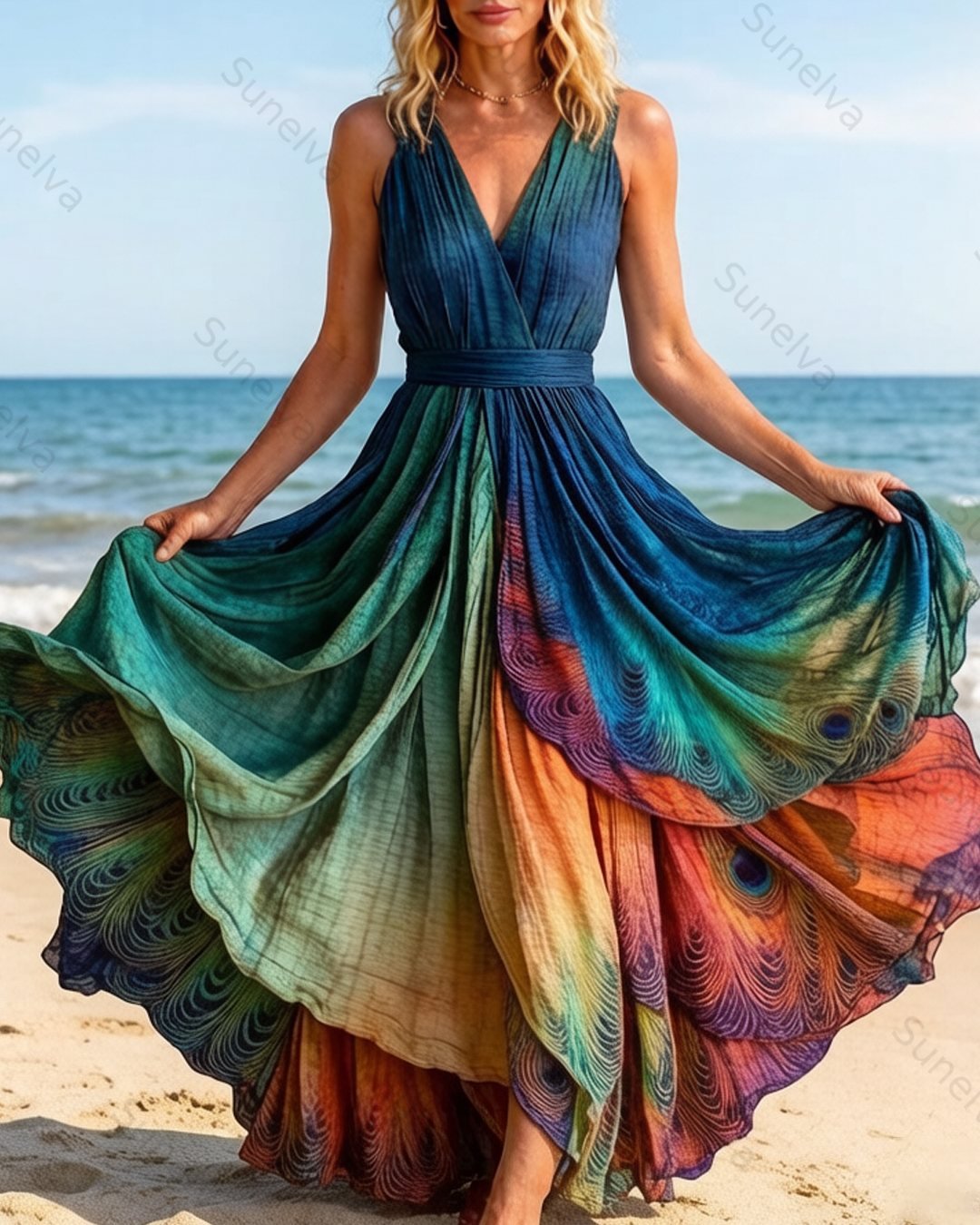 Women's Summer Vacation Feather Print Gradient Full Skirt Dress 7308