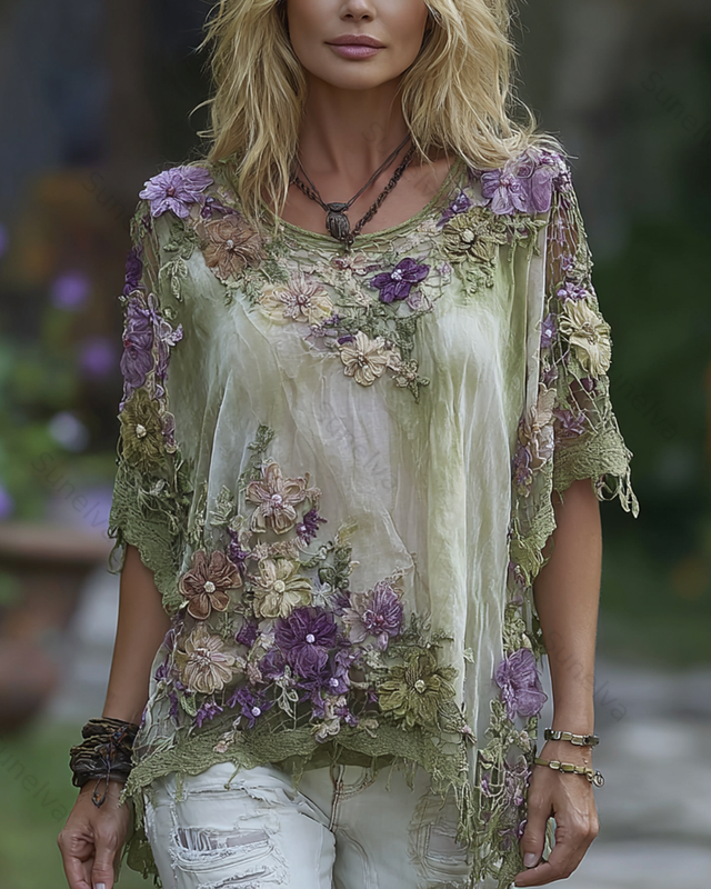 Women's Fashionable Floral Embroidered Asymmetrical Top 1538