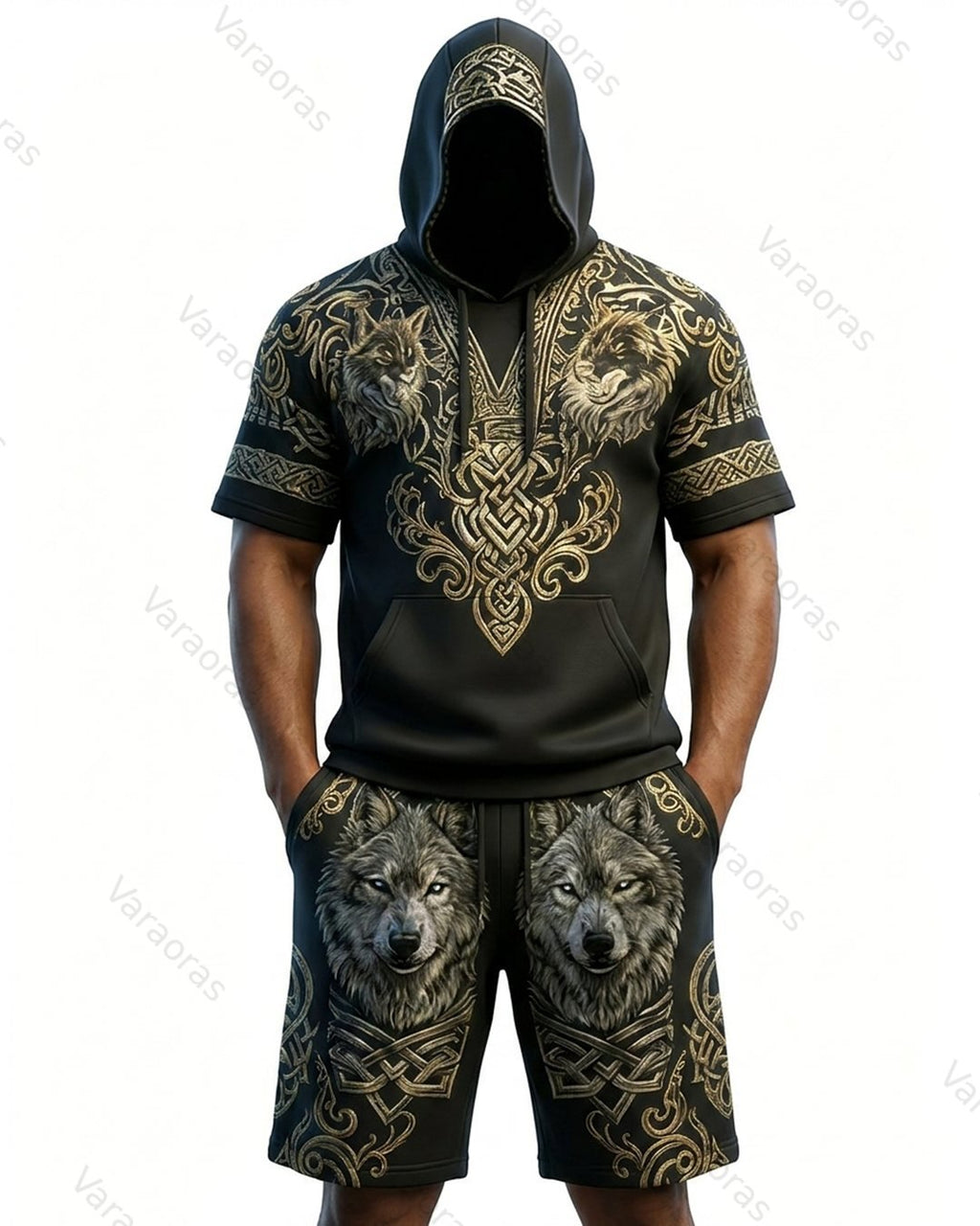 Men's Viking Contrast Color Wolf Embroidered Short-Sleeve Hoodie & Shorts Two-Piece Set 5624
