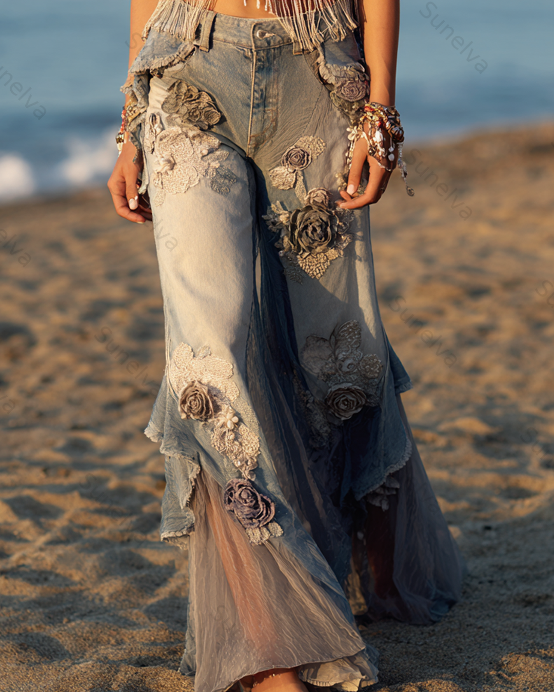 Women's Outdoor Fashion Floral Embroidery Color Block Gradient Denim Linen Pants 5766