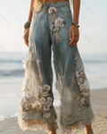 Women's Outdoor Fashion Floral Embroidery Color Block Gradient Denim Linen Pants 6197