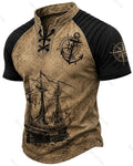 Men's Vintage Distressed Short-Sleeve Henley T-Shirt with Viking Pirate Print 5622