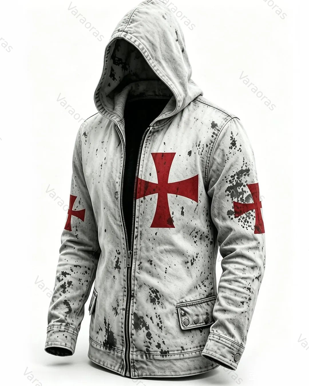 Men's Retro Fashion Red Cross Print Cotton Linen Hooded Zipper Jacket 9630