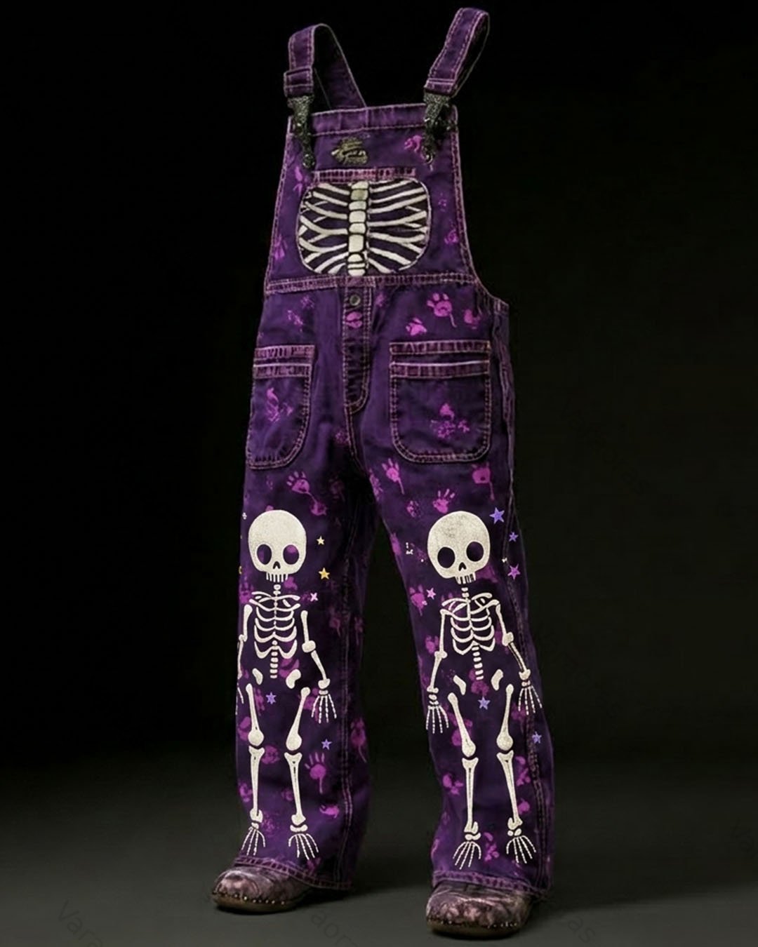 Men's Fashionable and Playful Color-Blocked Skull-Print Overalls 8807