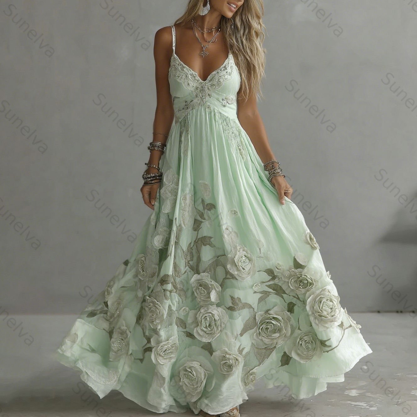 Women's Vintage Rose Embroidery Art V-neck Suspender Maxi Dress 4335