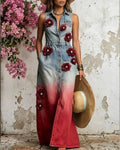 Women's Summer 3D Floral Embroidery Washed Denim shirt dress 4267