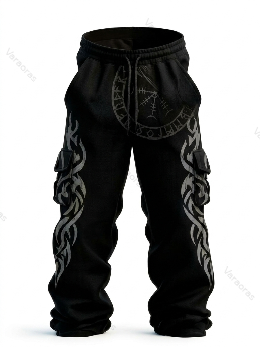 Men's Viking-Style Color-Block Embroidered Hooded Sleeveless Top and Pants Two-Piece Set 3338