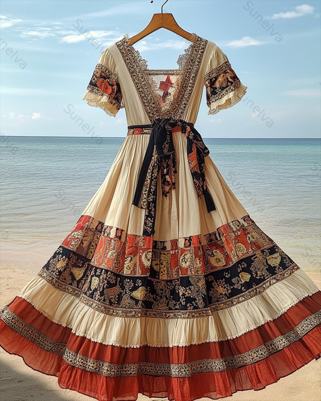 Women's Summer Vacation Fashionable and Elegant Ethnic Patchwork Dress  5228