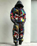 Men's Fashion Colorful Graffiti Skull Embroidered Hoodie & Pants Two-Piece Set 3517