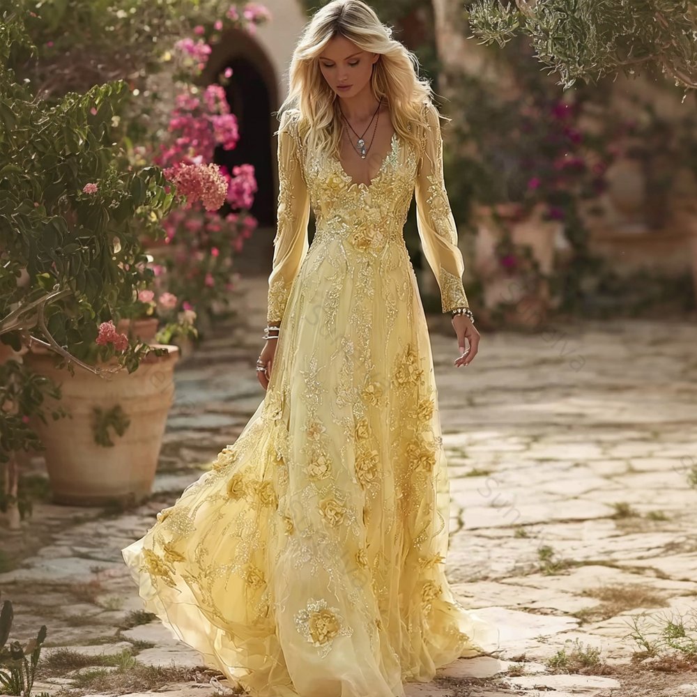 Vintage Boho Roses Embroidered Flowy Linen Maxi Dress 48fe