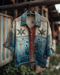 Spring/Summer Bohemian Style Color-Blocked Denim Linen Top7612