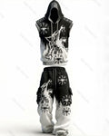 Men's Viking-Style Color-Block Embroidered Hooded Sleeveless Top and Pants Two-Piece Set 2805