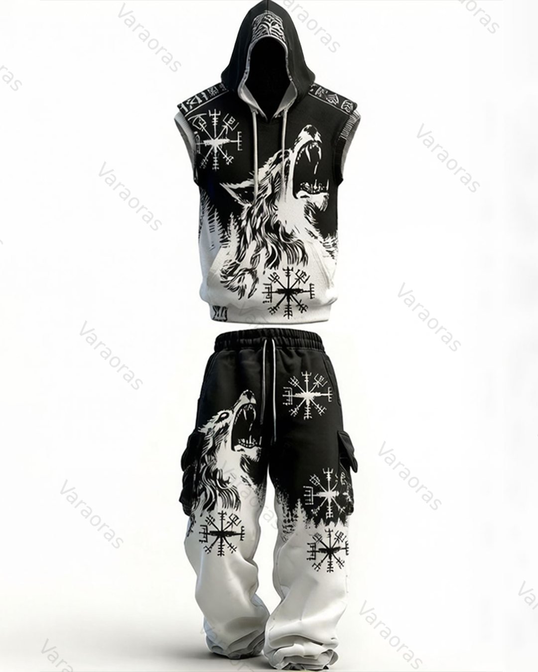 Men's Viking-Style Color-Block Embroidered Hooded Sleeveless Top and Pants Two-Piece Set 2805