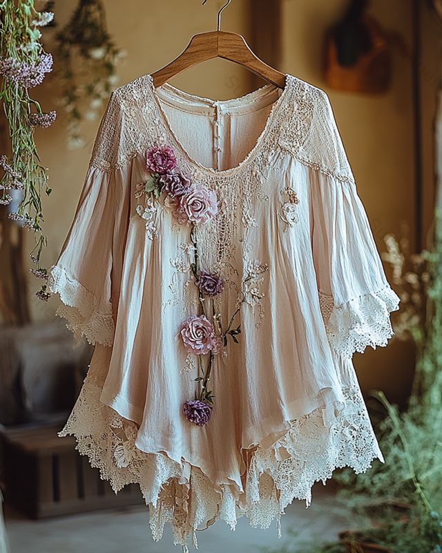 Summer Vacation Contrast Ruffle  Lace Patchwork Top  7530
