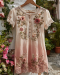 Women's Elegant Gradient Flowers Irregular Ruffle Linen Blouse 6534