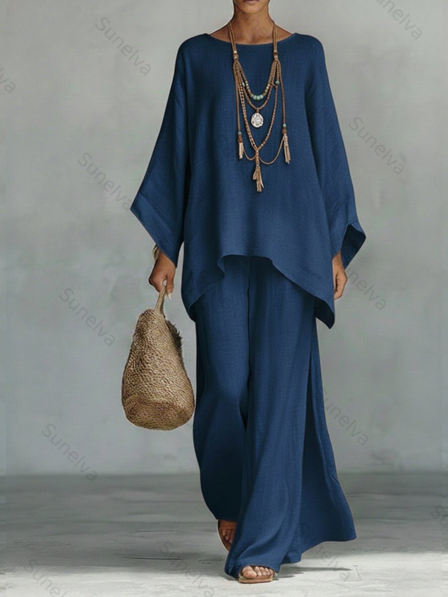 Women's Comfortable, Loose-fitting Linen And Cotton Top And Wide-leg Pants Two-piece Set. cc31