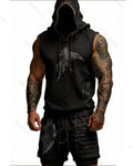 Men's Summer Fashion Viking Embroidered Short-Sleeve Hooded Top and Pants Two-Piece Set 1603