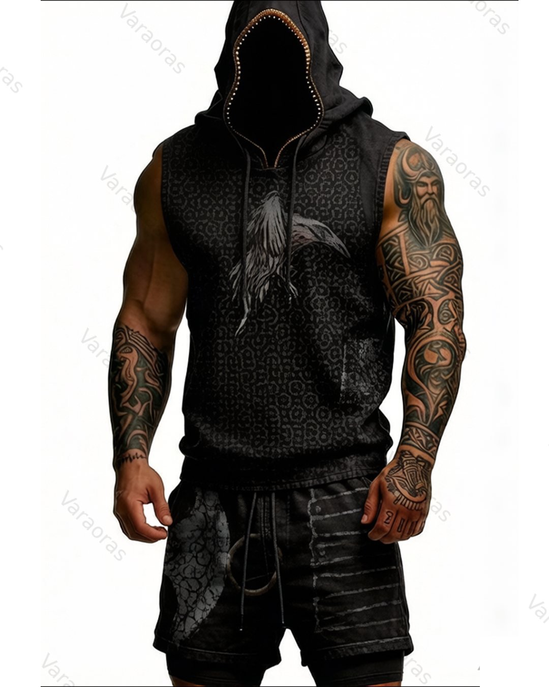 Men's Summer Fashion Viking Embroidered Short-Sleeve Hooded Top and Pants Two-Piece Set 1603