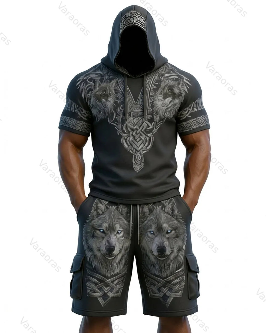 Men's Viking Contrast Color Wolf Embroidered Short-Sleeve Hoodie & Shorts Two-Piece Set 2819