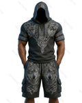 Men's Viking Contrast Color Wolf Embroidered Short-Sleeve Hoodie & Shorts Two-Piece Set 2819