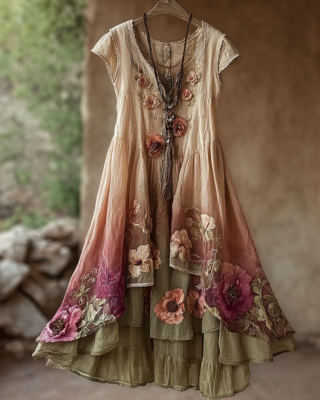 Vintage color-blocked floral midi dress 4098