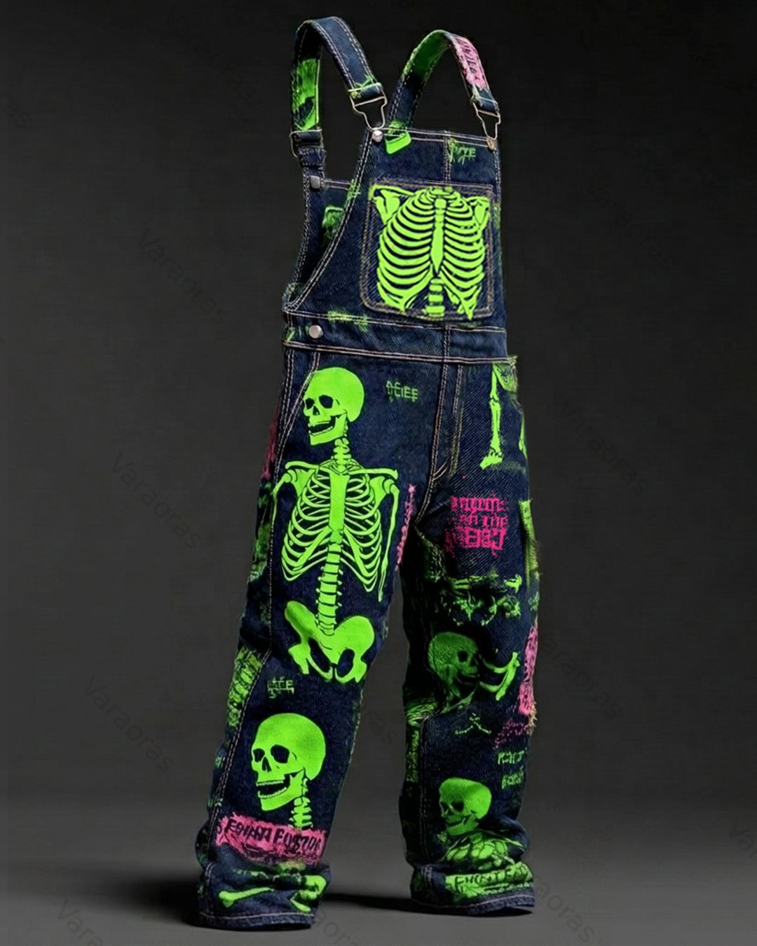 Men's Fashionable and Playful Color-Blocked Skull-Print Overalls 7089