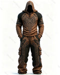 Men's Fashion Viking Contrast Color Raven Embroidered Hoodie & Pants Two-Piece Set 6514