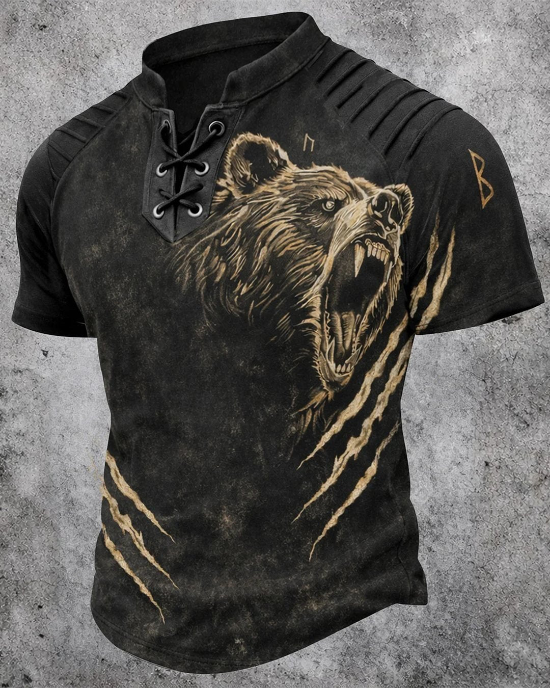 Men's Viking Roaring Bear Claw Print Short-Sleeve Henley T-Shirt 1946