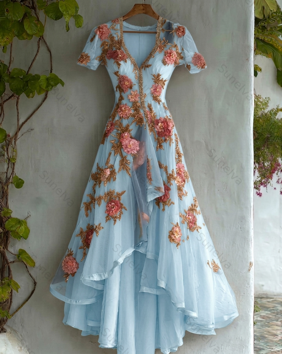 Women's Retro Elegant Gradient Flowers Irregular Ruffle Linen Dress