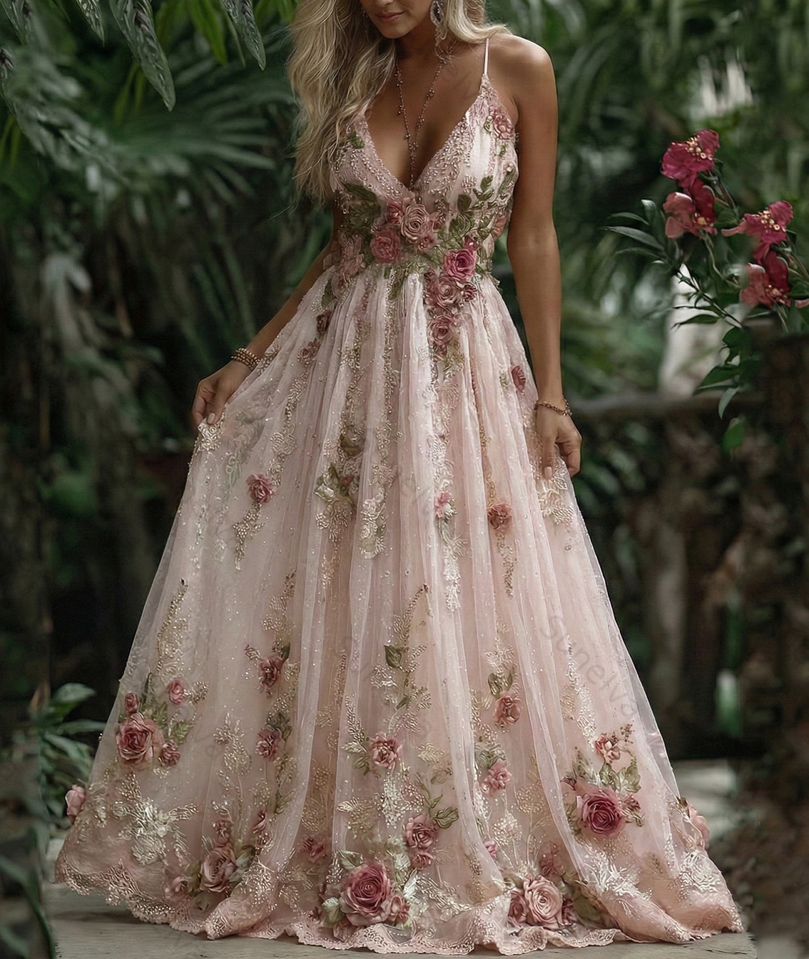 Women's Pink Rose Embroidery Art Suspender Maxi Dress 53c9