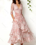 Women's Retro Elegant Floral Print Irregular Ruffle Patchwork Linen Dress  3904