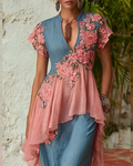 Women's Summer Contrast-Color Floral Embroidered Patchwork Linen Blouse 3309