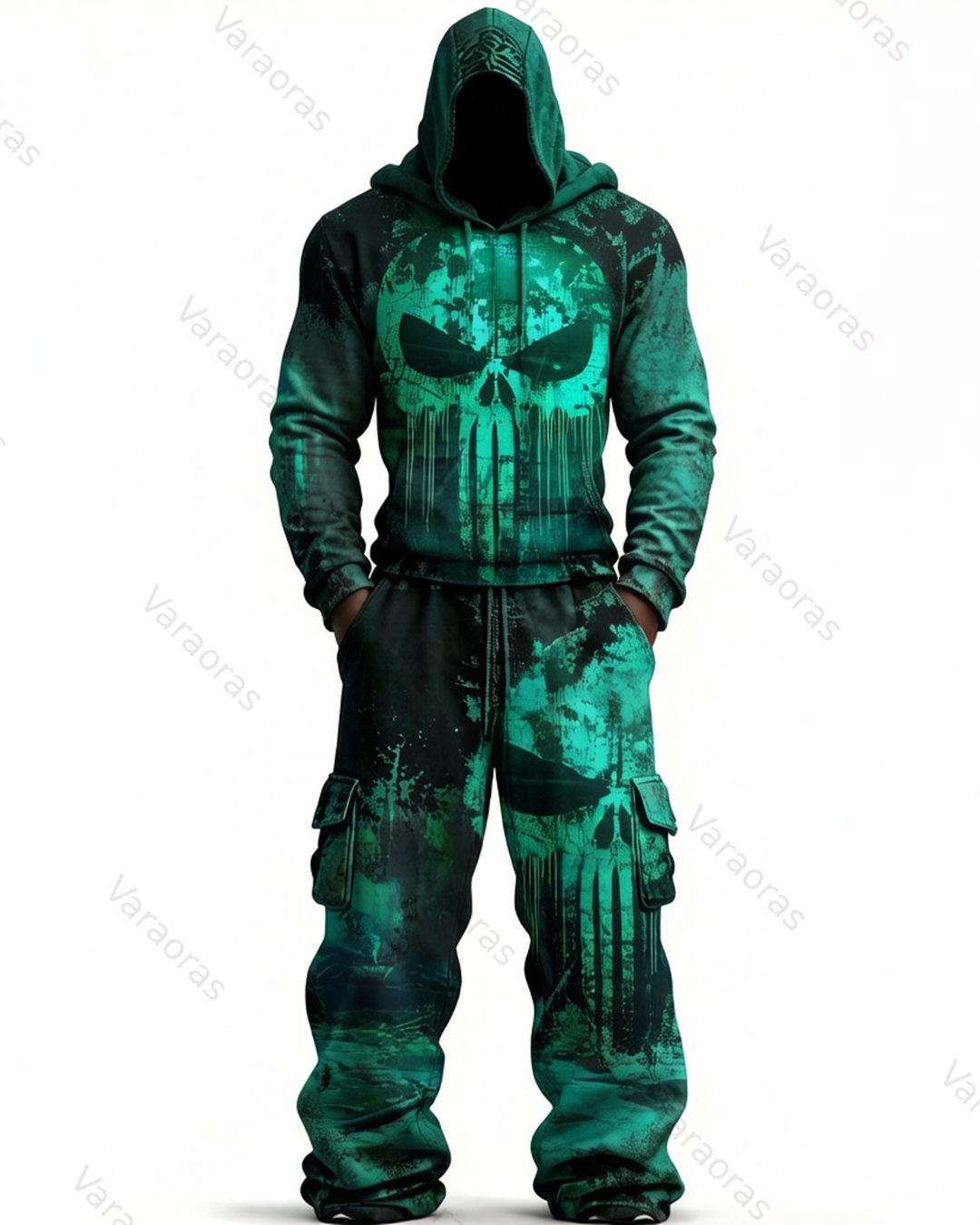 Men's Fashion Skull Contrast Color Embroidered Hoodie & Pants Two-Piece Set 2799