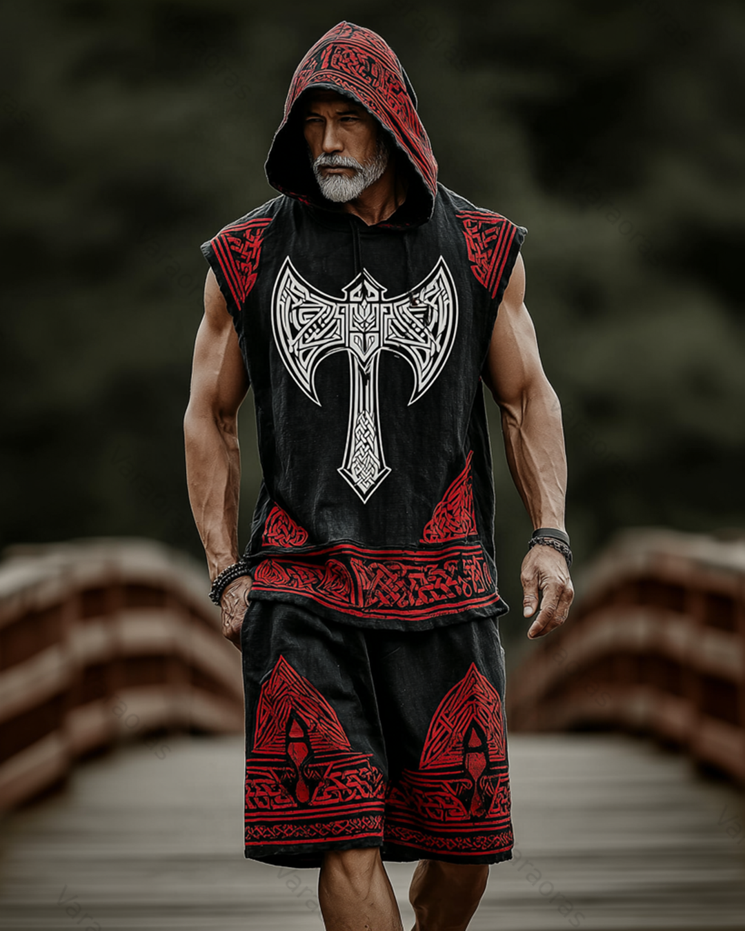 Men's Viking Color-Block Linen Sleeveless Hooded Top and Pants Two-Piece Set 3060