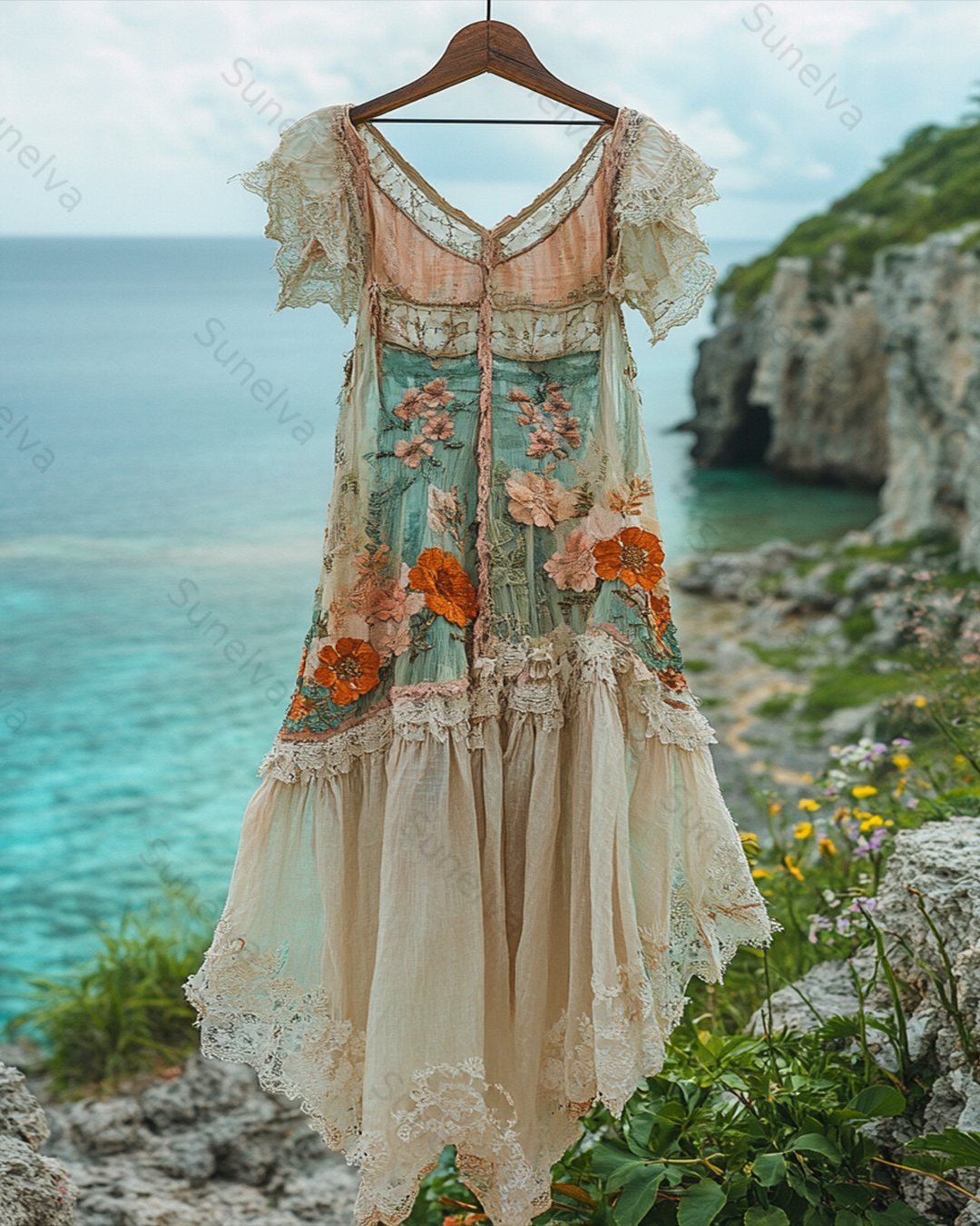 Women's Summer Floral Embroidered Patchwork Linen Dress 1432