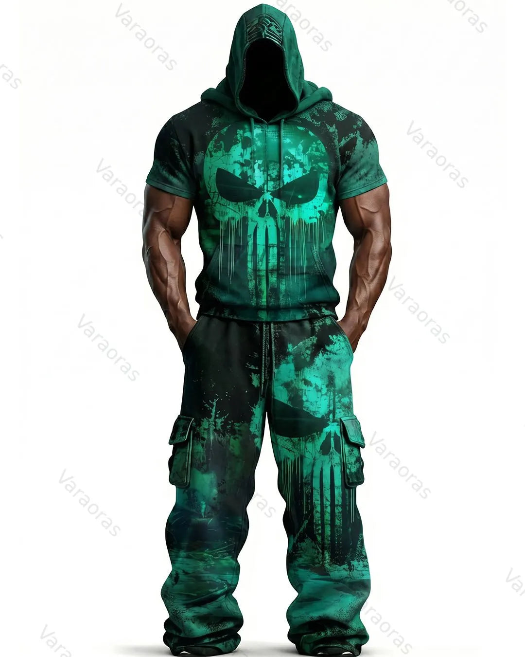 Men's Fashion Skull Contrast Color Embroidered Hoodie & Pants Two-Piece Set 2799