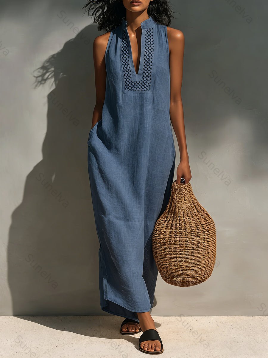 Women's Minimalist Sleeveless Maxi Dress With Cutout Neckline 7775