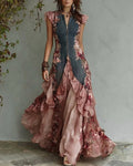 Women's Summer Elegant Floral Embroidered Patchwork Linen Dress 7986