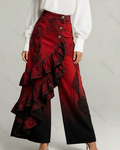Women's Summer Elegant Floral Embroidery Ruffled Patchwork Gradient Denim Jeans  7983