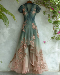 Women's Elegant Gradient Flowers Embroidery Irregular Ruffle Mesh Dress 9789