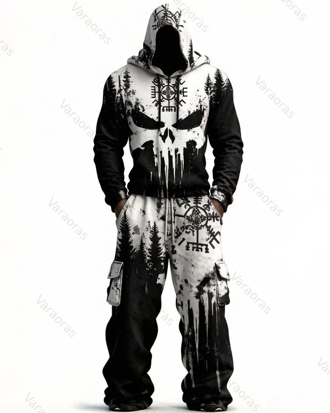 Men's Fashion Skull Contrast Color Embroidered Hoodie & Pants Two-Piece Set 4888